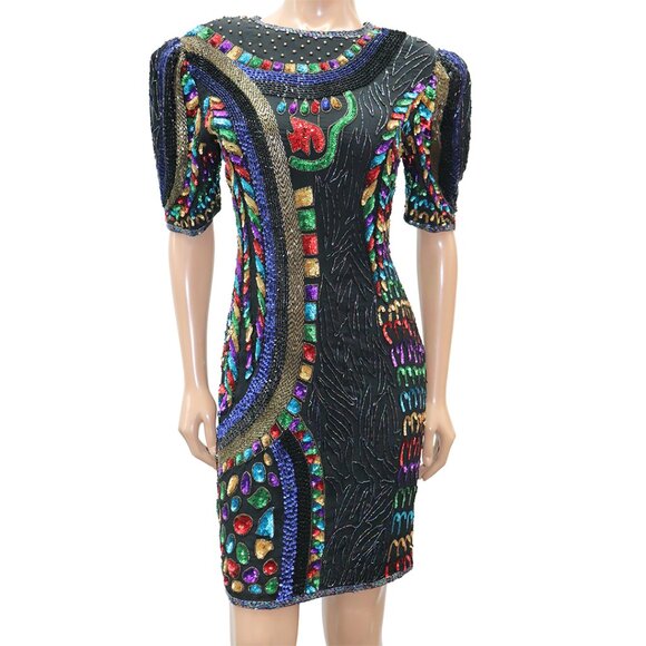 ✨ STUNNING HIGH Fashion Vintage Bedazzle Sequin Holiday Dress M ✨ - Picture 1 of 5